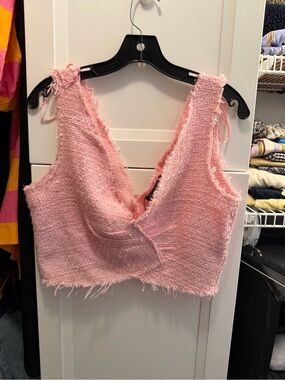 Zara NWT Textured Cropped Top Size L pink tweed